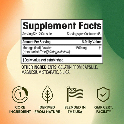NGL Moringa Capsules 1300mg - Pure Raw Moringa Oleifera Superfood Supplement | 90 Capsules