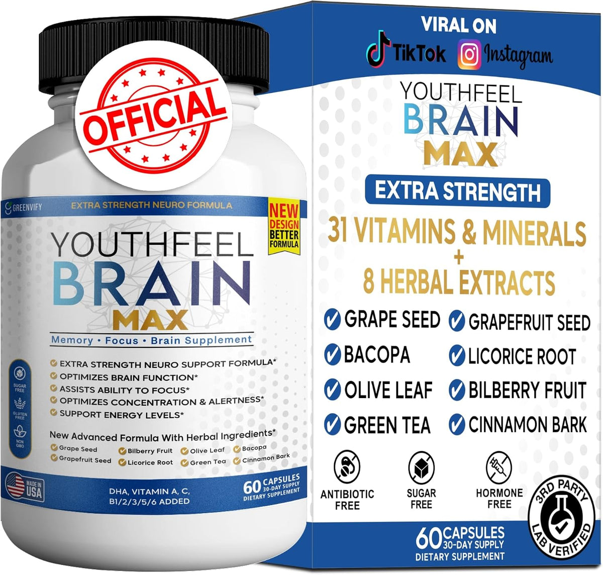 Youthfeel Brain Max Extra Strength Cognitive – DMAE – A precursor to acetylcholine, a neurotransmitter involved in – Image 1