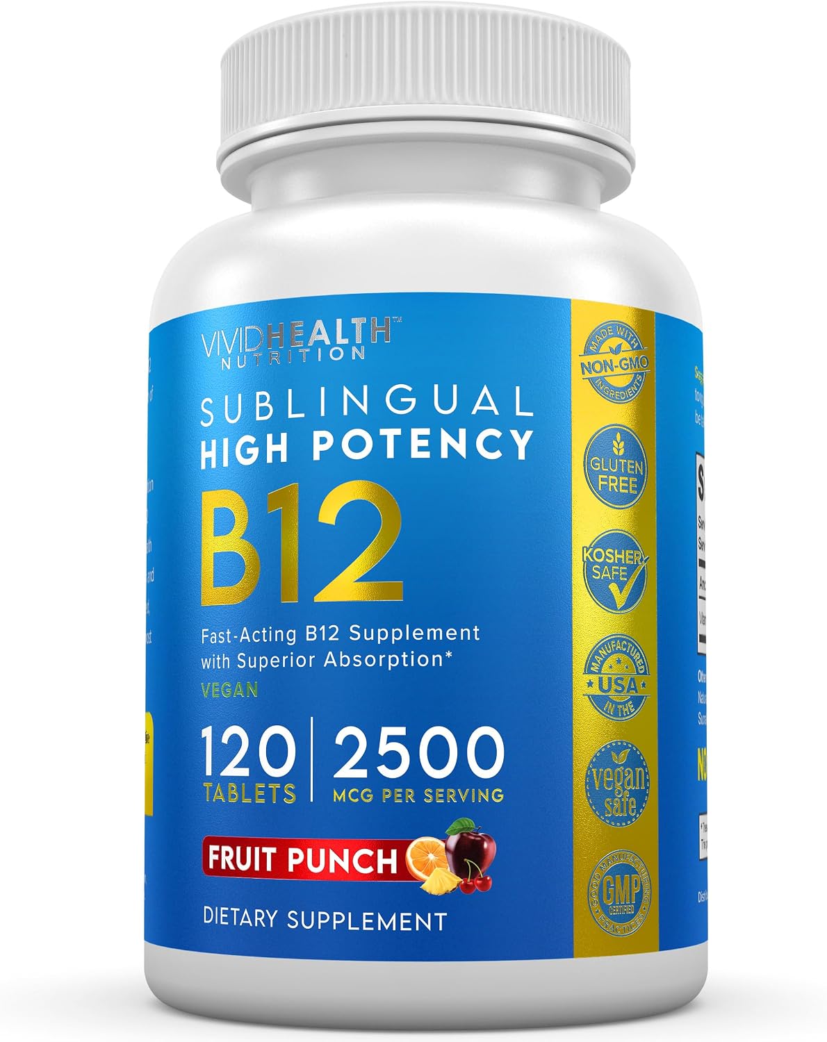 Energy Boosting Vitamin B12 Sublingual | Quick Dissolve Vegan B-12 with Methylcobalamin, 120 Fruit Punch Tablets - görsel 1