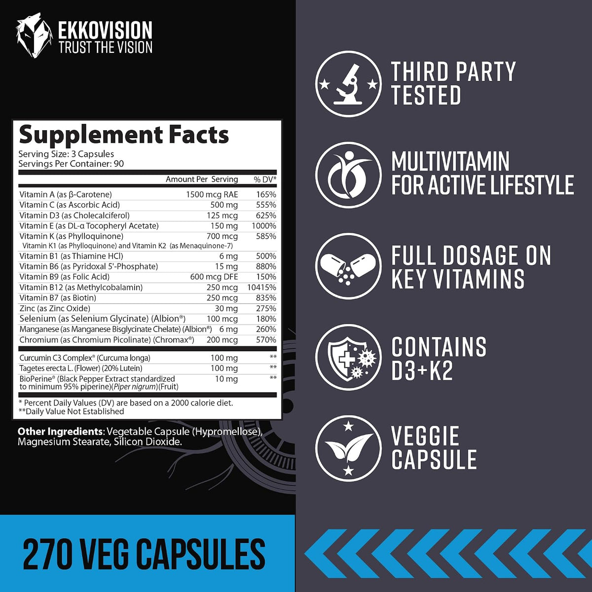 Ekkovision Multivitamin - Iron Free Plant – Vitamin K2 (as menaquinone-7): Works with D3 to direct calcium to – Image 2
