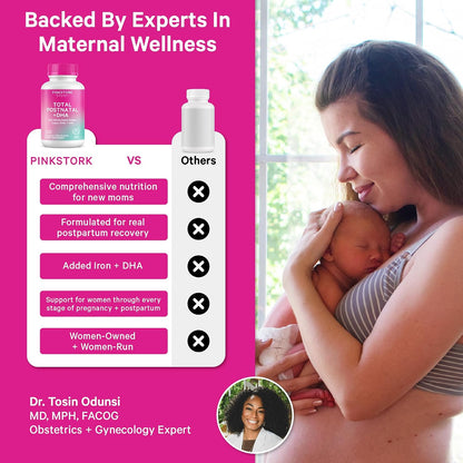 Pink Stork Total Postnatal Vitamins for Women's | Vegan Algae DHA, Methylated Folate, Iron, B12 | Postpartum Recovery + – Image 3