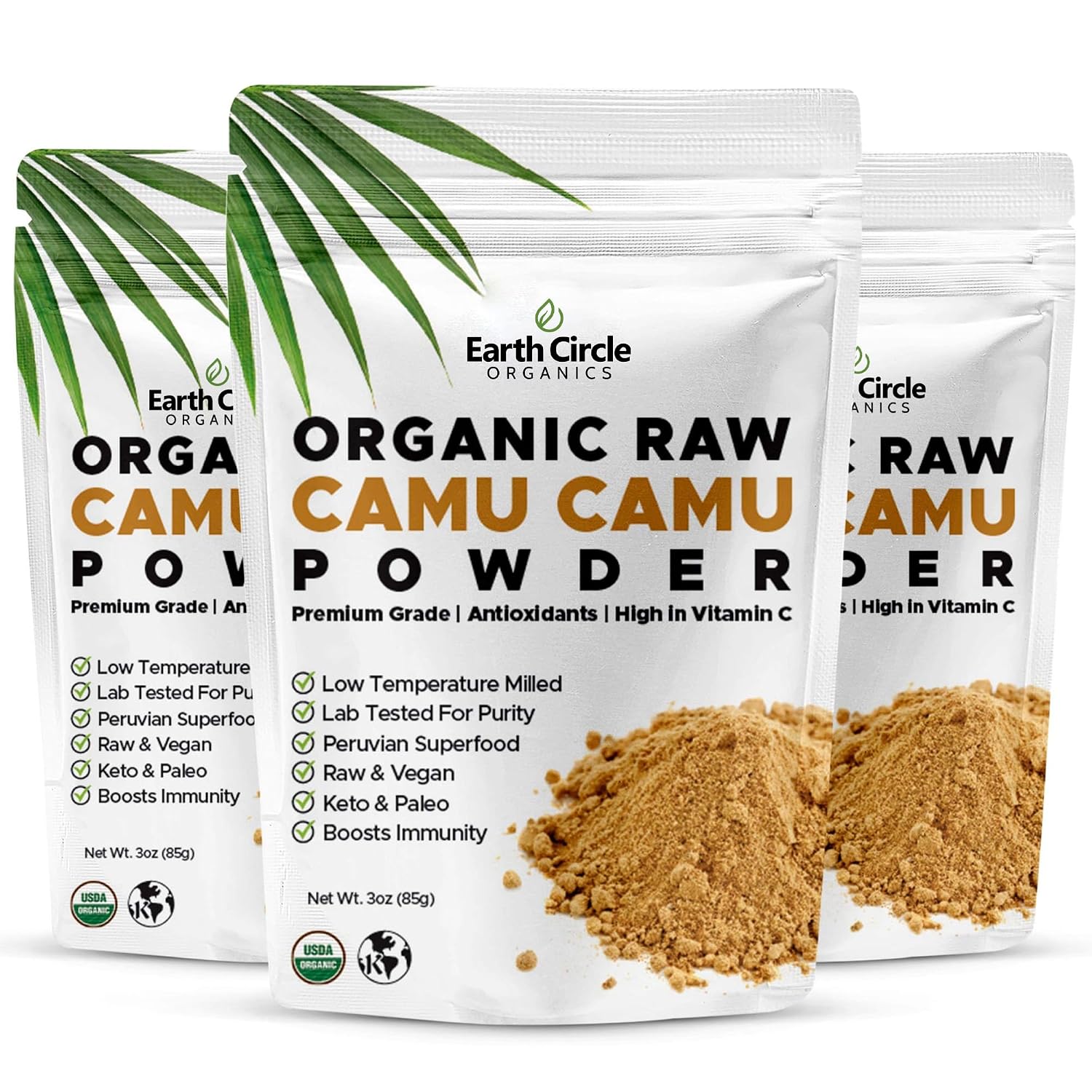 Earth Circle Organics Camu Camu Powder – Organic Raw Berry Powder with Natural Vitamin C & Antioxidants – Vegan, Kosher, Non-GM Superfood – 85g (Pack of 3) - görsel 1