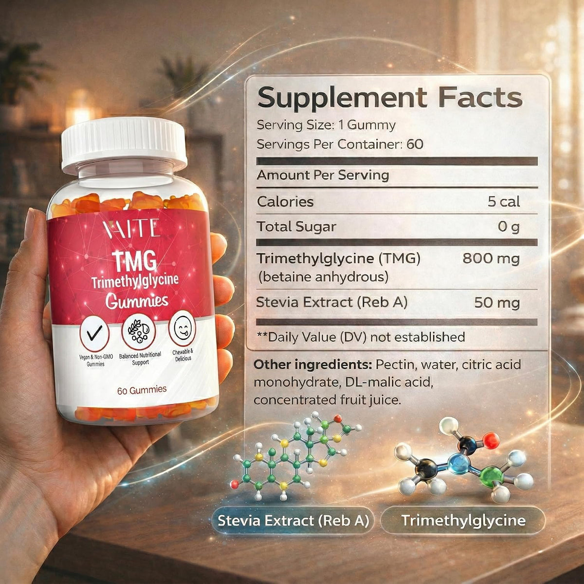 VAITE TMG Supplements – Trimethylglycine 800mg Gummies, Vegan Chewables for Energy & Recovery Support – Image 3