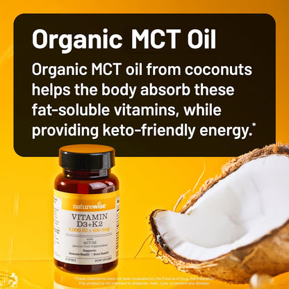 NatureWise Vegan Vitamin D3 + K2 with Organic Coconut MCT Oil - 5000 IU D3 + 100 mcg K2 - 30 Soft-gels