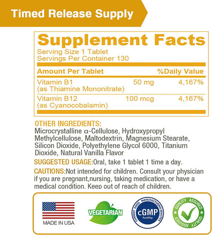 LOVITA Vitamin B1 (Thiamine) 50mg Timed-release – 8 Hour Sustained with B12, 130 Vegan Tablets – Image 5