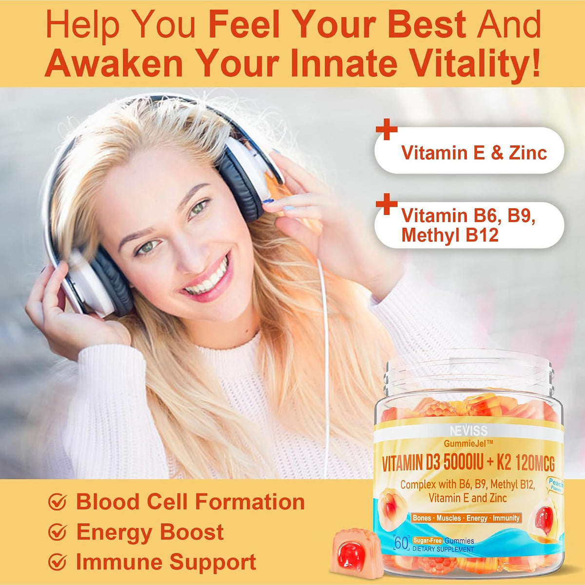 Vitamin D3 5000IU + K2 (MK-7) 120mcg Gummies – Energy Metabolism: Methylated B vitamins (B12, B9, B6) contribute – Image 4
