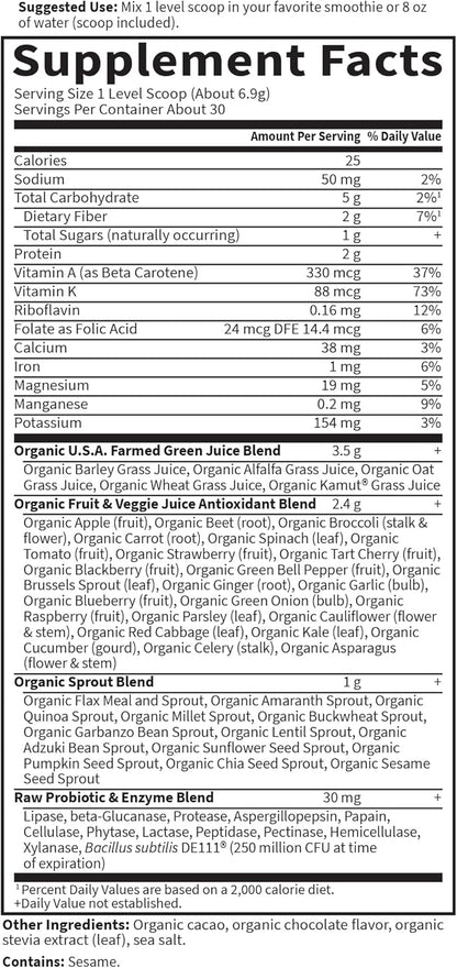Garden of Life Raw Organic Perfect Food Green Superfood Juiced Greens Powder - Chocolate, 30 Servings - Non-GM, Gluten free, Vegan Wholefood Dietary Supplement, Plus Probiotics & Enzymes