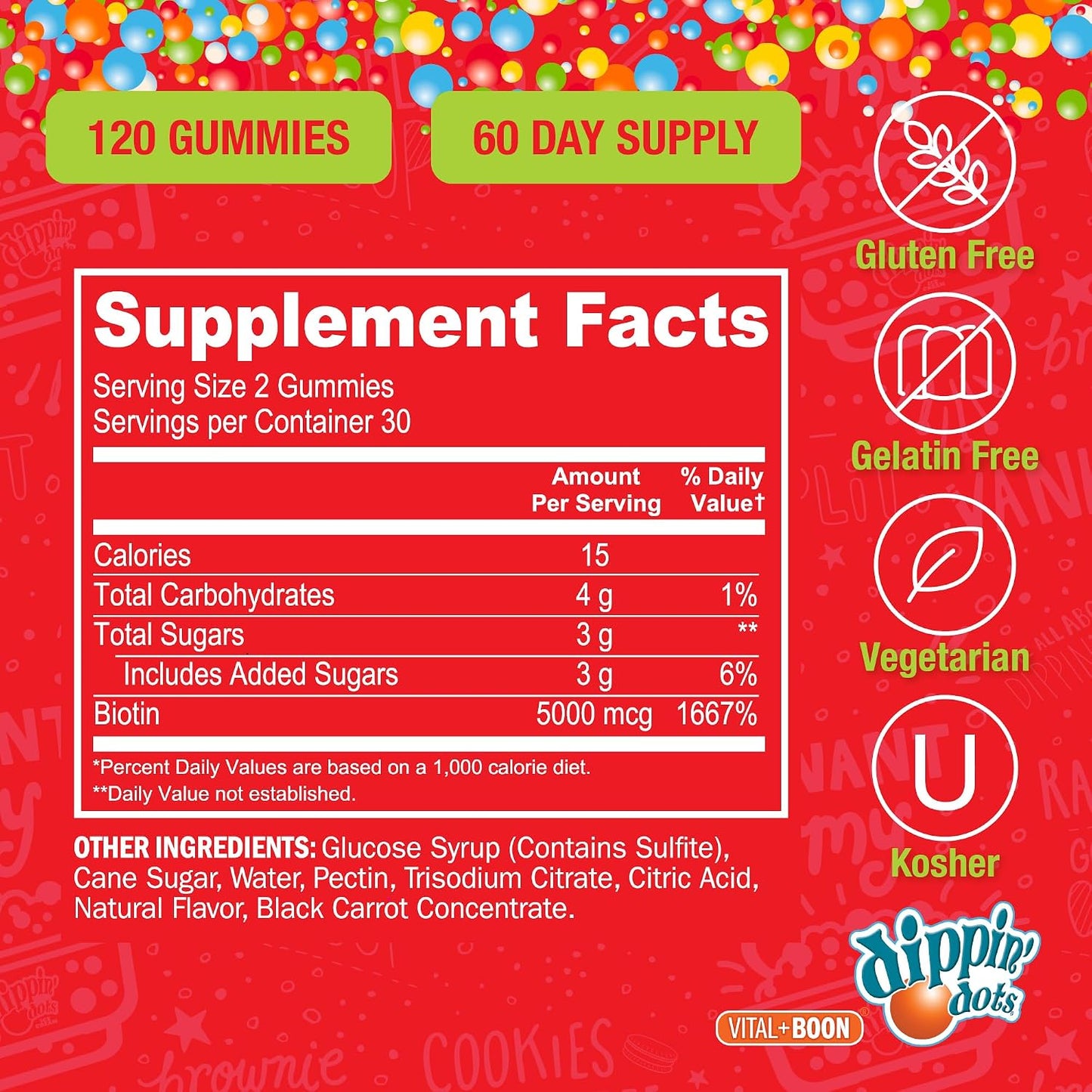 Dippin' Dots High Potency Biotin Gummies 5000mcg - Hair, Skin & Nails - Raspberry - 60 Day Supply (2 Pack) - görsel 7