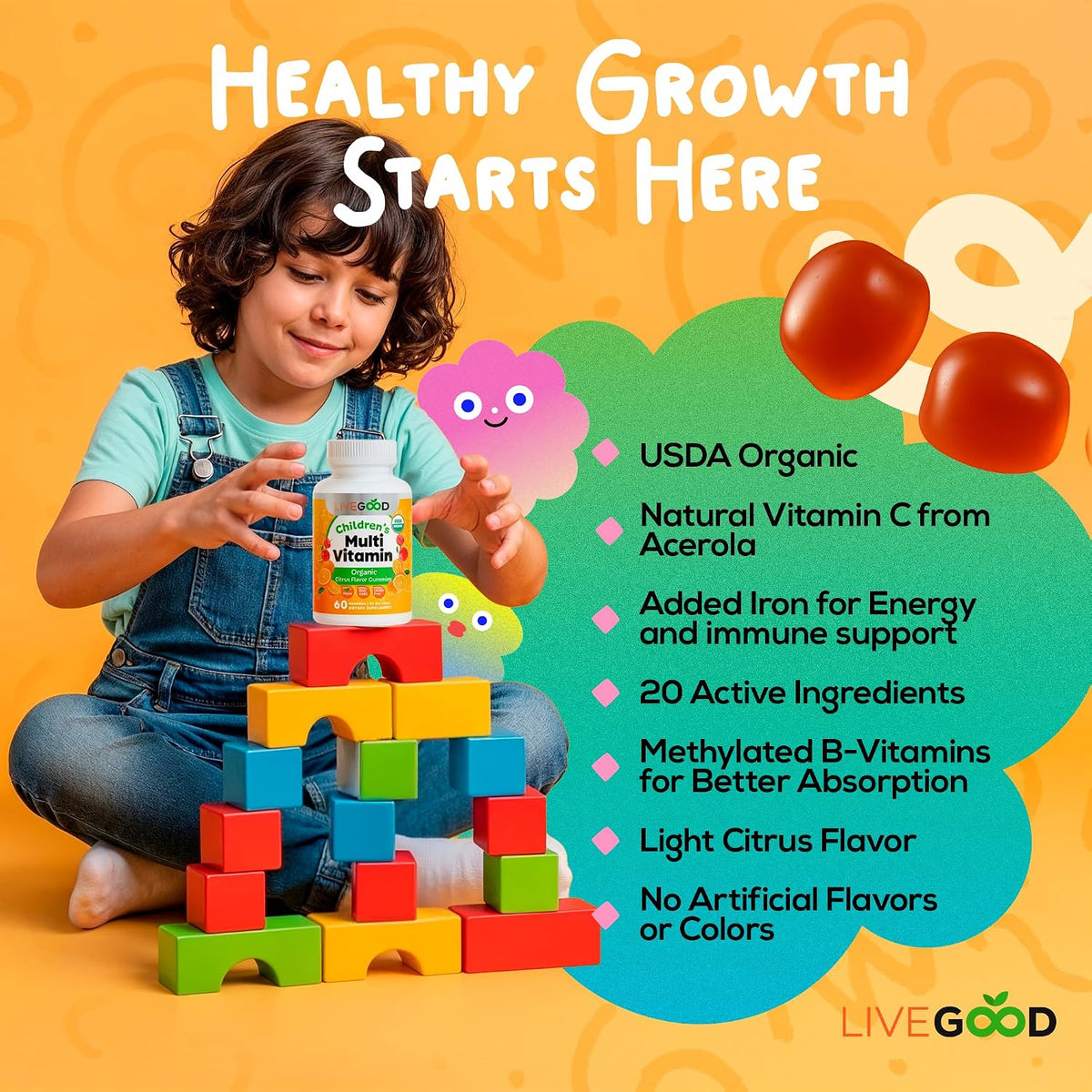 LIVEGOOD Organic Children’s Multivitamin – Bone development : Vitamin D aids calcium absorption for strong bones.* – Image 2
