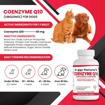 Coenzyme Q10 High Potency 40mg Ubiquinol for Dogs (120 Tablets) - Made in USA