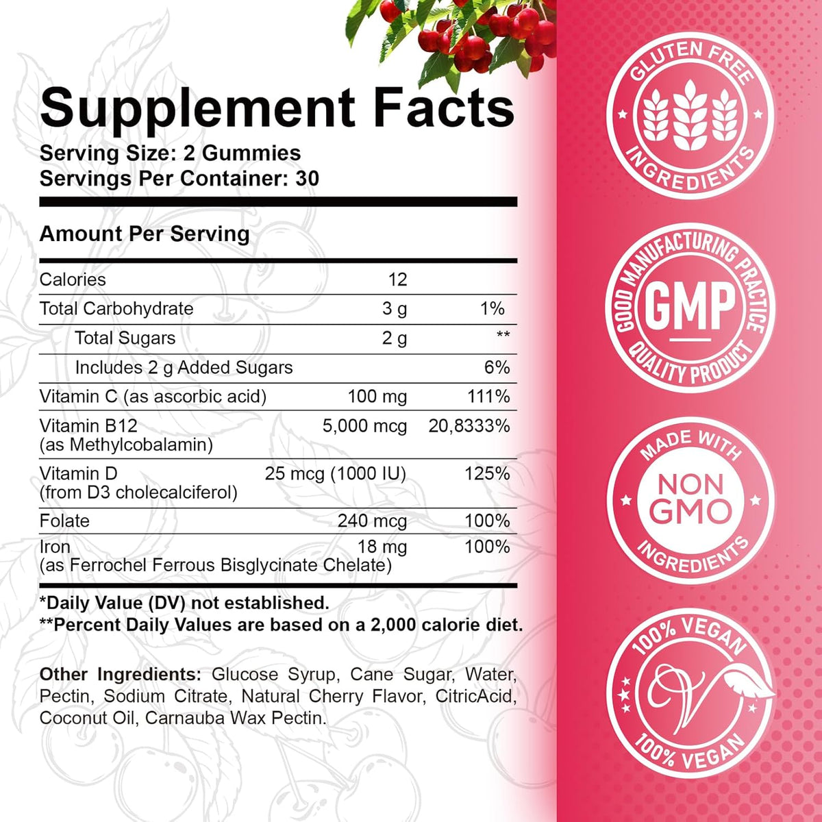 ReviNutra Vitamin B12 Gummies - 5000 mcg – Plus iron, vitamin C, vitamin D3, and folate – Image 2