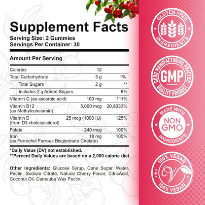 ReviNutra Vitamin B12 Gummies - 5000 mcg – Plus iron, vitamin C, vitamin D3, and folate – Image 2