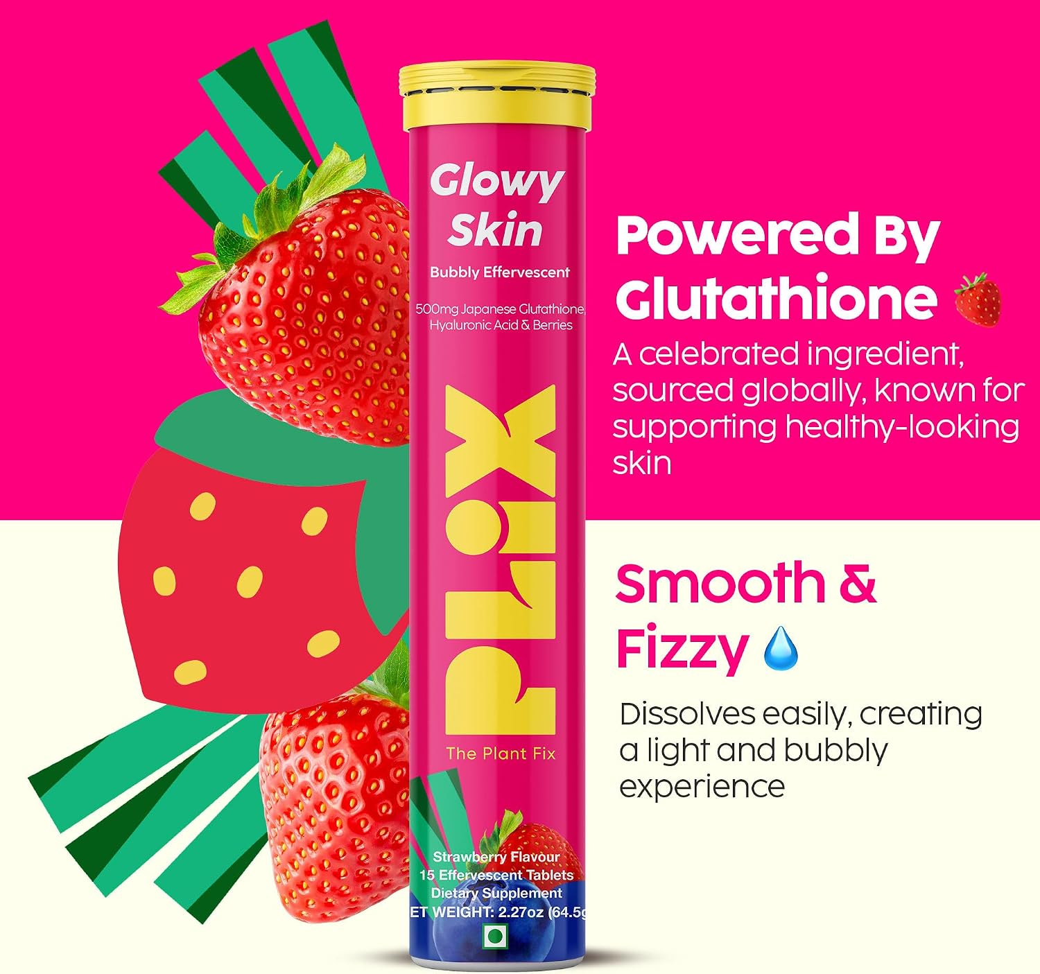 PLIX Glowy Skin 500mg Glutathione Supplement with Hyaluronic Acid, Vitamin C, E & Berries | 15 Effervescent Tablets, Strawberry Flavour - görsel 5