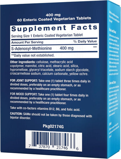 Life Extension SAMe 400 mg – S-Adenosyl-Methionine Supplement for Mood, Joint & Liver Support, 60 Enteric-Coated Tablets
