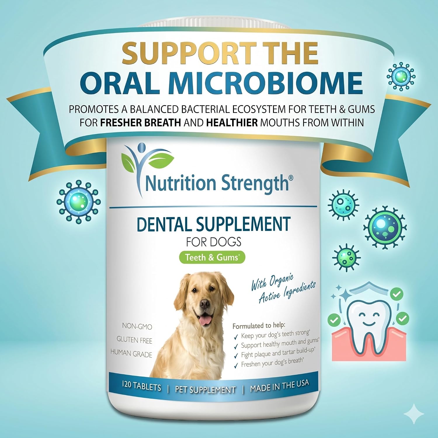 Nutrition Strength Dental Care for Dogs - Natural Plaque & Tartar Remover for Teeth - Fresh Breath Dog Supplement with Organic Kelp, Strawberry Leaf & Pumpkin Seed for Gum Health - 120 Tablets - görsel 4
