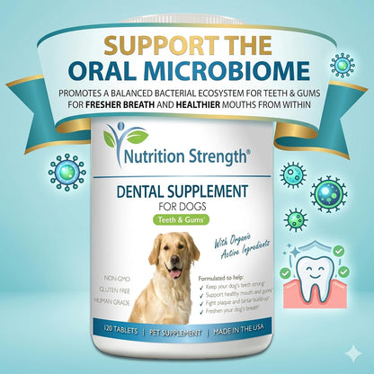 Nutrition Strength Dental Care for Dogs - Natural Plaque & Tartar Remover for Teeth - Fresh Breath Dog Supplement with Organic Kelp, Strawberry Leaf & Pumpkin Seed for Gum Health - 120 Tablets