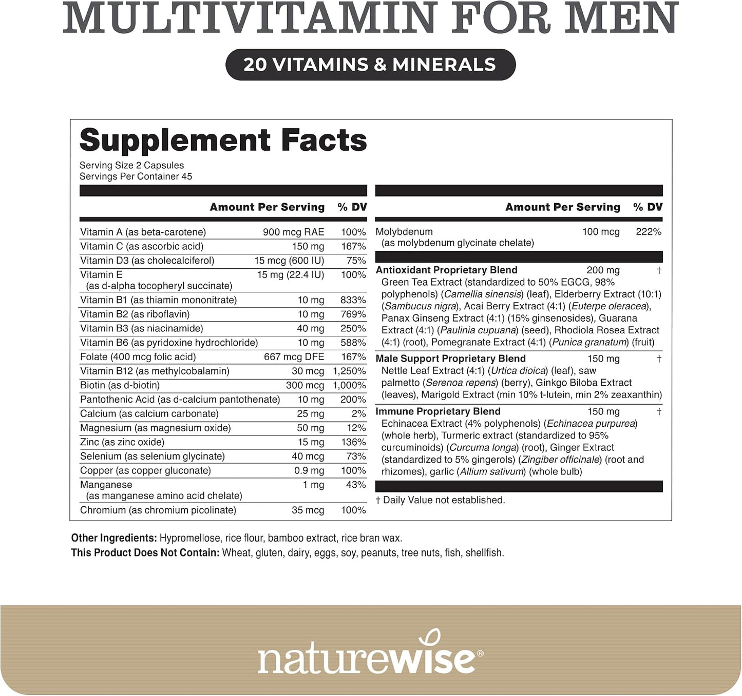 NatureWise Multivitamin for Men - Daily Male Support - Minerals & Herbs for Energy, Performance, Immunity - with Vitamin A, C, D, B-Complex - Soy & Gluten Free, Non-GM - 90 Capsules (45-Day Supply) - görsel 3