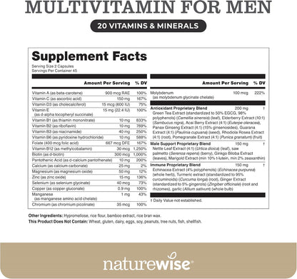 NatureWise Multivitamin for Men - Daily Male Support - Minerals & Herbs for Energy, Performance, Immunity - with Vitamin A, C, D, B-Complex - Soy & Gluten Free, Non-GM - 90 Capsules (45-Day Supply)
