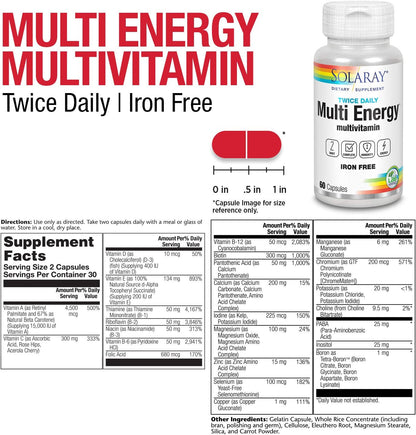 SOLARAY Twice Daily Multi Energy Multivitamin – Iron Free, 120 Capsules