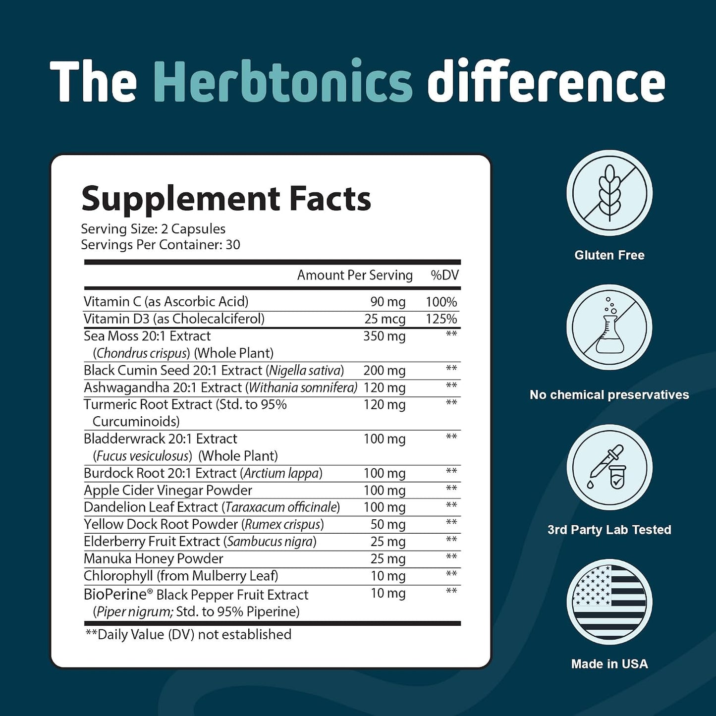 Herbtonics Sea Moss, Black Cumin Seed, Ashwagandha, Burdock Root & ACV Complex - 60 Capsules - görsel 5