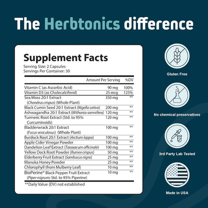 Herbtonics Sea Moss, Black Cumin Seed, Ashwagandha, Burdock Root & ACV Complex - 60 Capsules