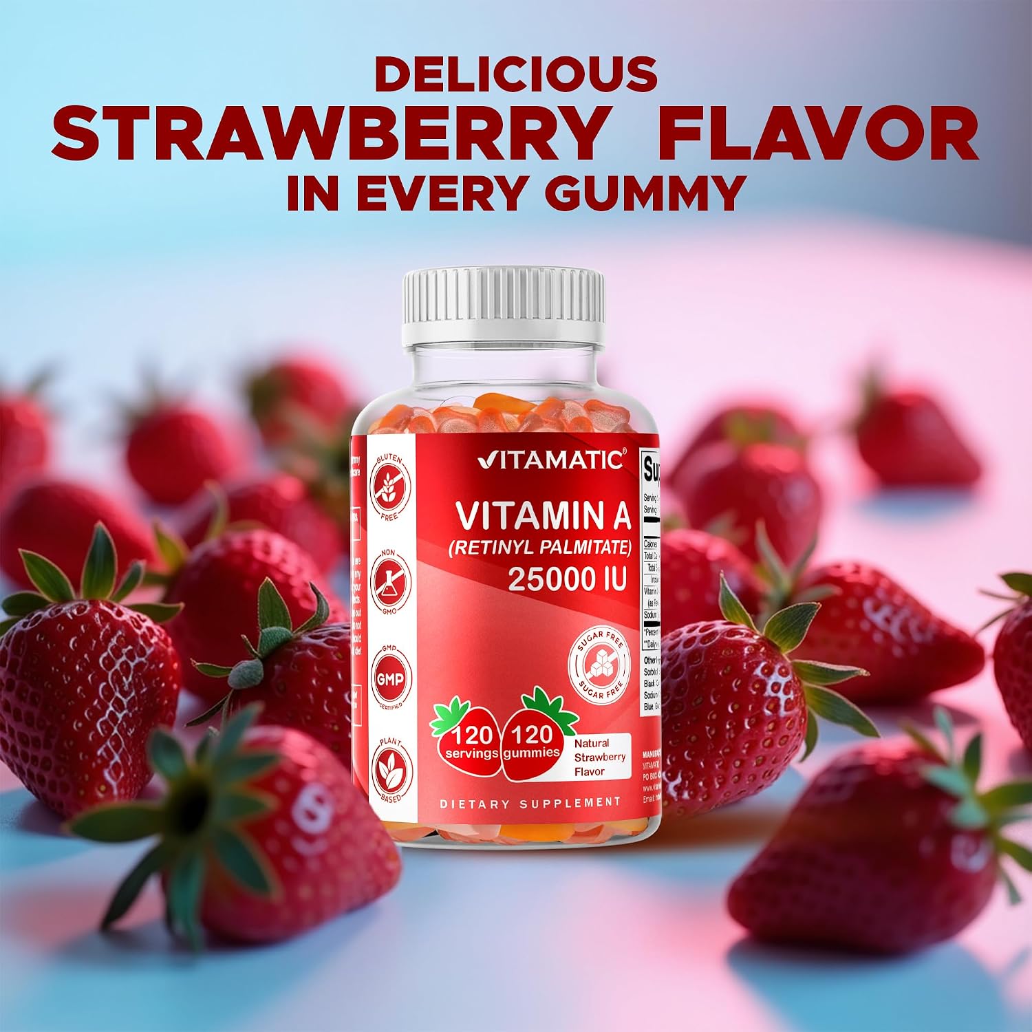 Vitamatic Vitamin A 25,000 IU Gummies – Sugar Free Retinyl Palmitate – 1 Daily Gummy, 120 Servings – Natural Strawberry Flavour – Pectin Based – 120 Count - görsel 5