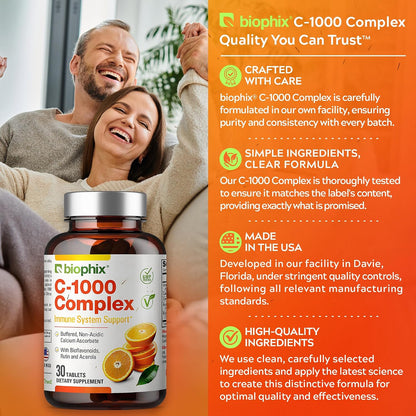 biophix Vitamin C-1000 mg 30 Tablets Complex – Vegan with Calcium, Citrus Bioflavonoids, Acerola, Rutin – Supports Immune Health