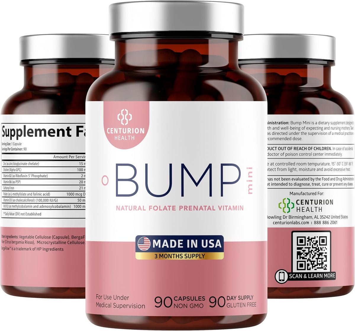 Centurion Health Bump Mini Complete Prenatal Vitamins with Folate, Choline, Carbonyl Iron, Zinc, Vitamin D3 and Vitamin B12 – Image 1