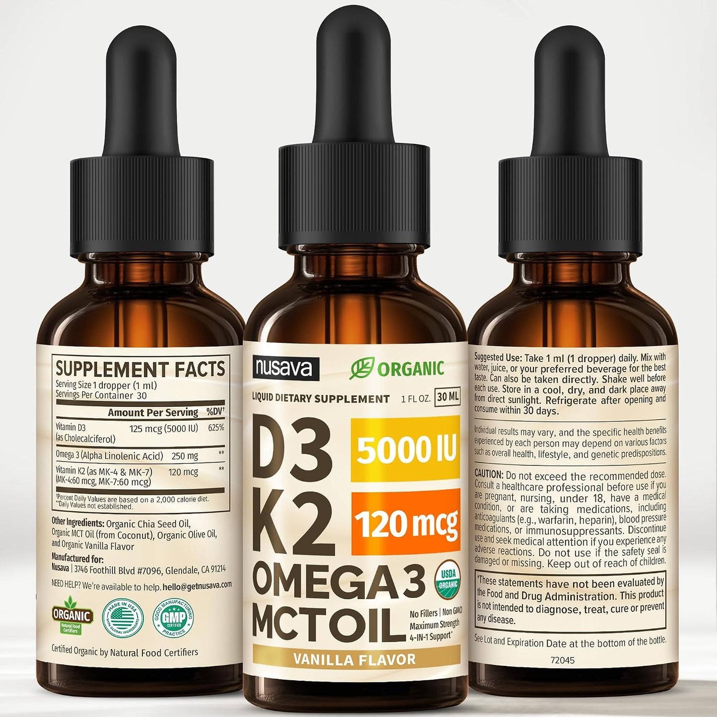 (2 Pack) Organic Vitamin D3 K2 Drops with MCT Oil & Omega 3 - Liquid Vitamin D3 5000 IU - K2 D3 Vitamin Supplement - Vitamin D Drops for Women & Men - No Fillers, Non-GM, GMP, Vanilla (2 Fl Oz) - görsel 8
