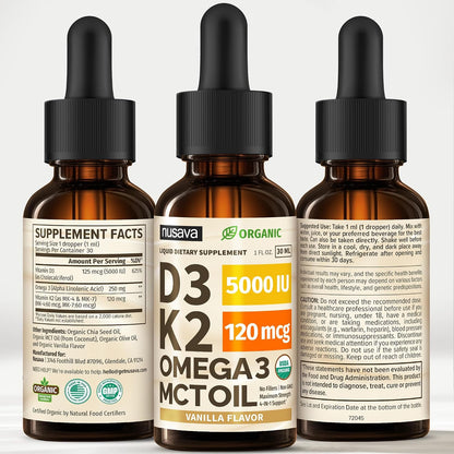 (2 Pack) Organic Vitamin D3 K2 Drops with MCT Oil & Omega 3 - Liquid Vitamin D3 5000 IU - K2 D3 Vitamin Supplement - Vitamin D Drops for Women & Men - No Fillers, Non-GM, GMP, Vanilla (2 Fl Oz)