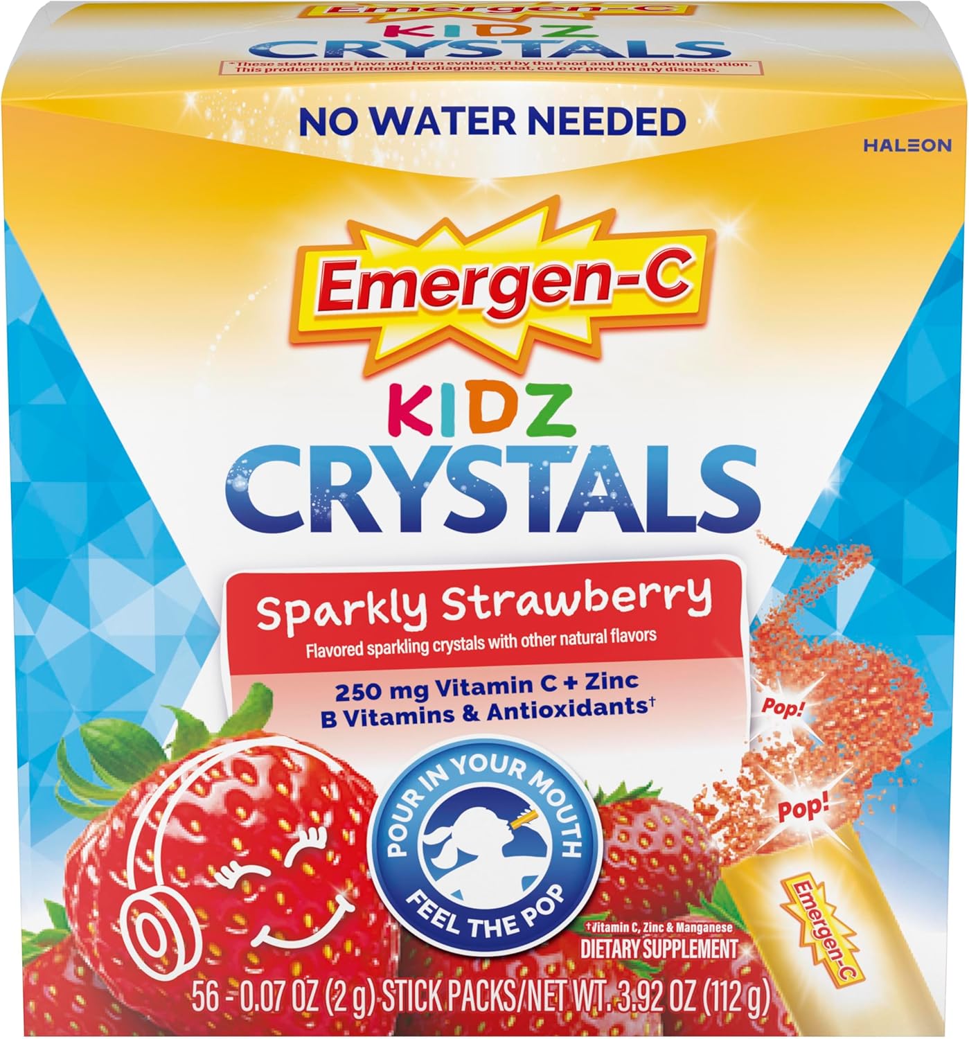 Emergen-C Kidz Crystals, On-the-Go Immune Support Supplement with Vitamin C, B Vitamins, Zinc and Manganese, Sparkly Strawberry - 56 Stick Packs - görsel 1