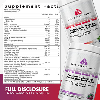 Core Nutritionals Greens | Premium Superfood Reds & Greens Blend | 5 Billion CFU Probiotics, Digestive Enzymes, & Antioxidants | 30 Servings (Berry Bliss)