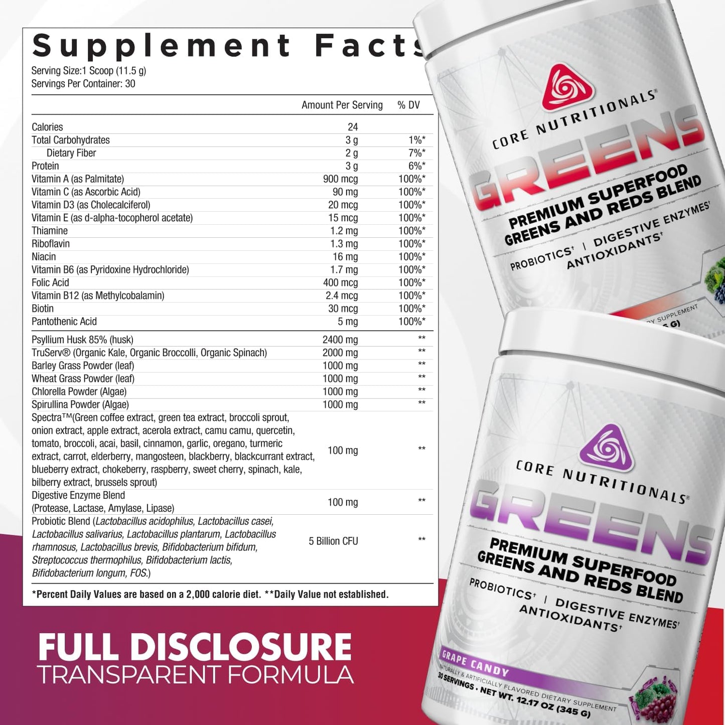 Core Nutritionals Greens | Premium Superfood Reds & Greens Blend | 5 Billion CFU Probiotics, Digestive Enzymes, and Antioxidants | 30 Serves (Grape Candy) - görsel 2