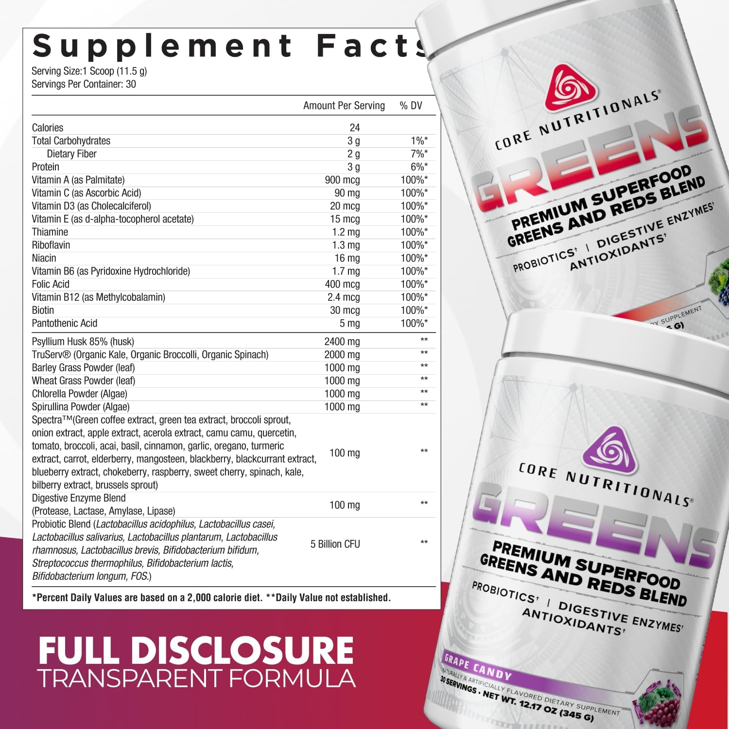 Core Nutritionals Greens | Premium Superfood Reds & Greens Blend | 5 Billion CFU Probiotics, Digestive Enzymes, and Antioxidants | 30 Serves (Grape Candy) - görsel 2