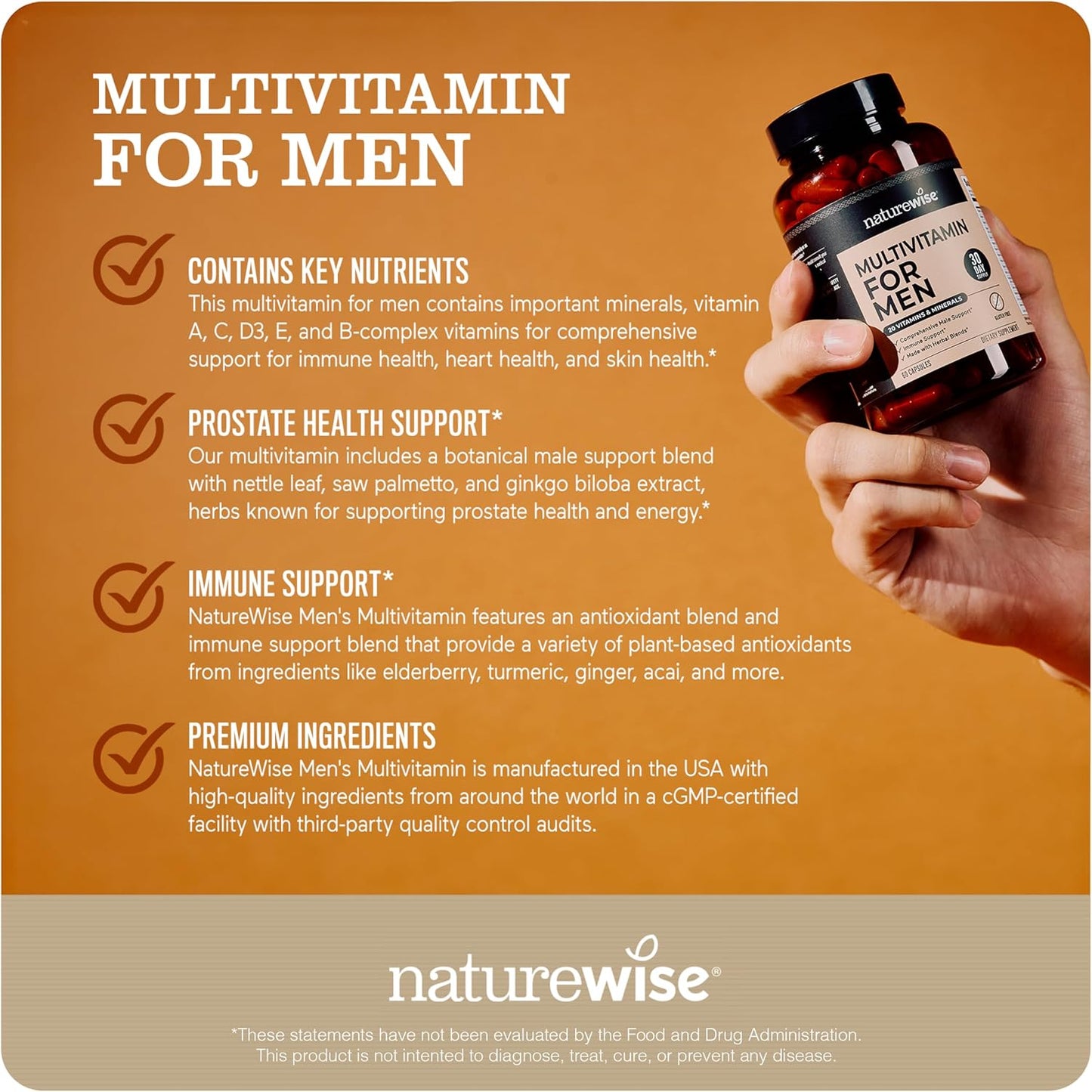NatureWise Multivitamin for Men - Daily Male Support - Minerals & Herbs for Energy, Performance, Immunity - with Vitamin A, C, D, B-Complex - Soy & Gluten Free, Non-GM - 90 Capsules (45-Day Supply) - görsel 4