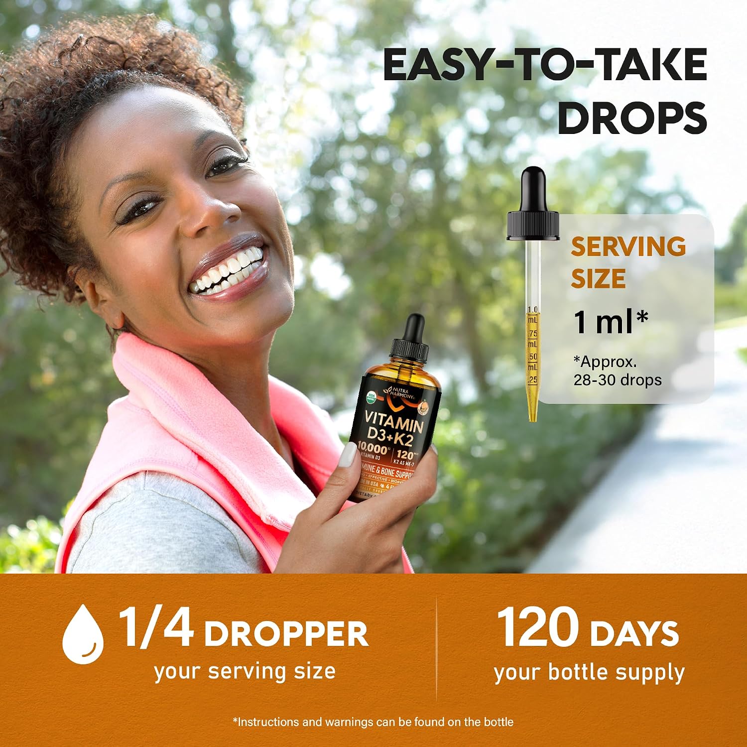 Vitamin D3 K2 USDA Organic Drops, 10000 IU D3 & 120 mcg K2 MK-7, Orange Flavour, 120ml (120-Day Supply) - görsel 7