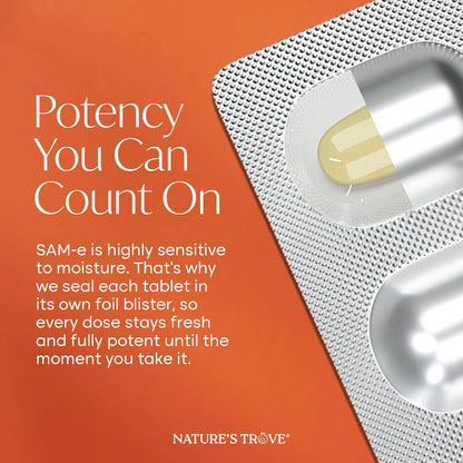 Nature's Trove SAM-e 400mg 90 Enteric Coated Caplets. Vegan, Kosher, Non-GM Project Verified, Soy-free, Gluten free - Cold Form Blister Packed.