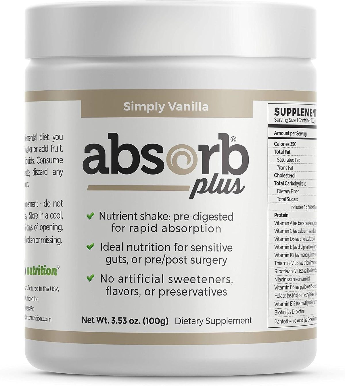 Absorb Plus Elemental Shake – Simply Vanilla – Lactose-Free & Casein-Free: Made with cold-extracted whey protein – Image 1