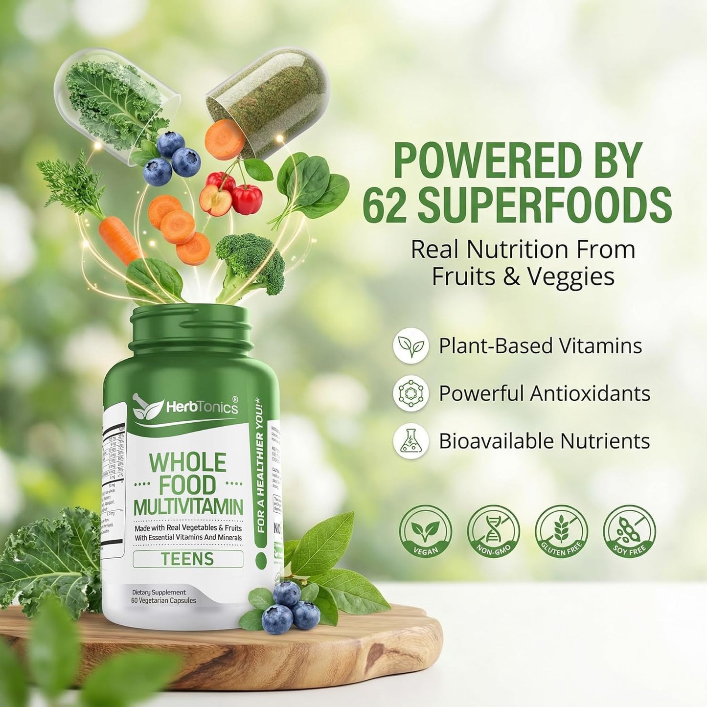 Herbtonics Wholefood Teen Vitamins - Multivitamin for Boys & Girls Ages 12-18 - Energy, Focussed and Immune Support - 60 Capsules - görsel 5