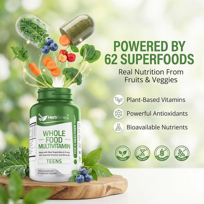 Herbtonics Wholefood Teen Vitamins - Multivitamin for Boys & Girls Ages 12-18 - Energy, Focussed and Immune Support - 60 Capsules