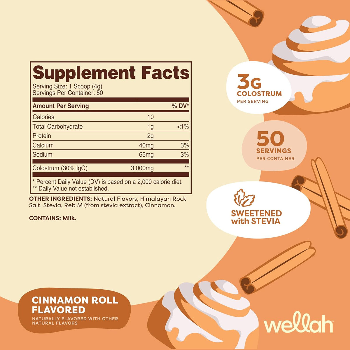 Wellah Colostrum Cinnamon Roll (50 Servings) - Sweetened with Stevia, 3g Colostrum Per Serving, Dietary Supplement – Image 2