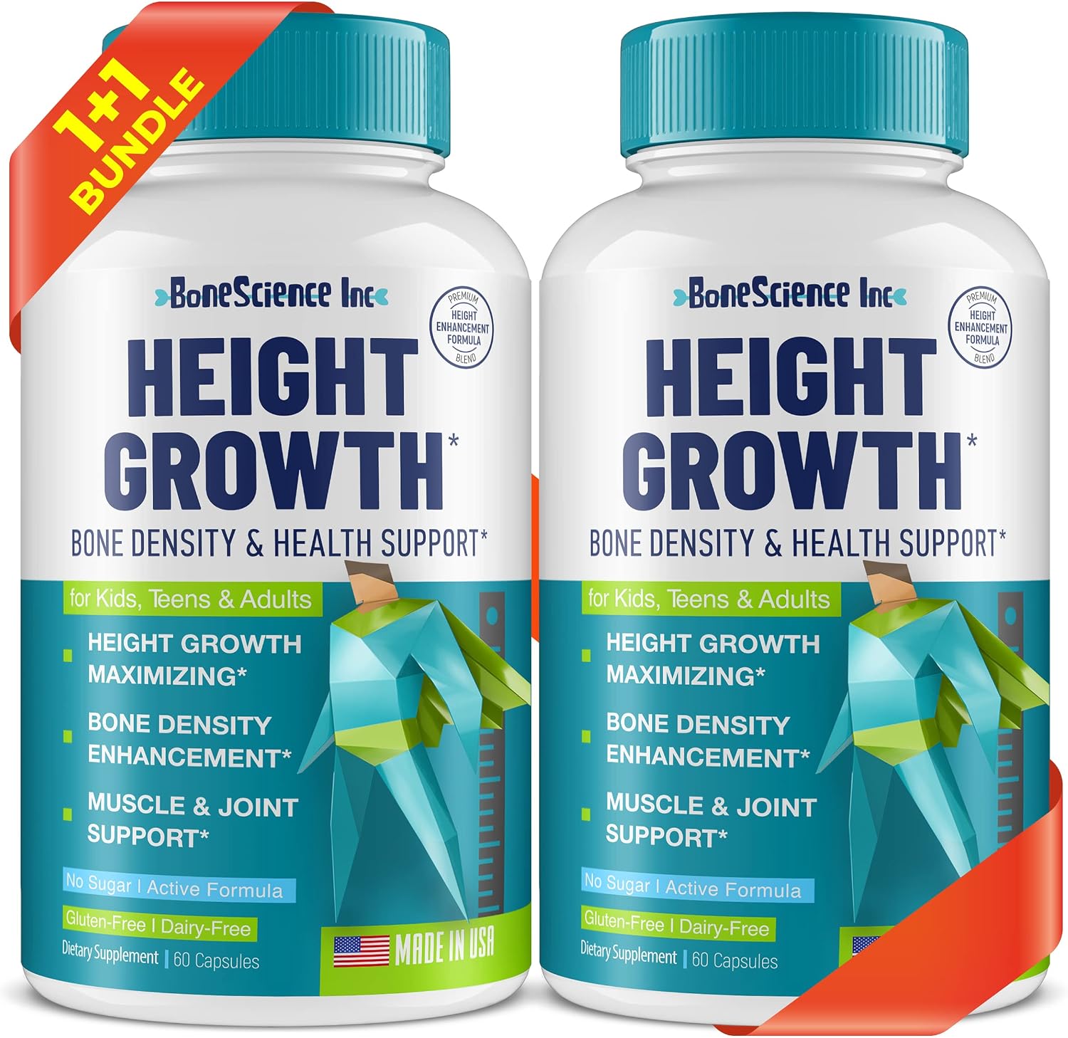 BoneScience Inc Height Growth Maximiser – Growth Optimisation Supplement for Teens & Young Adults – Bone & Development Support with Calcium, Vitamin D3, Zinc & Amino Acids – 2 Pack (60 Count Each) - görsel 1