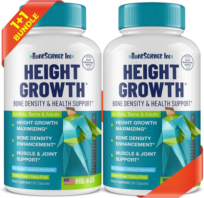 BoneScience Inc Height Growth Maximiser – Growth Optimisation Supplement for Teens & Young Adults – Bone & Development Support with Calcium, Vitamin D3, Zinc & Amino Acids – 2 Pack (60 Count Each)