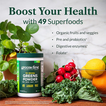 Greens First Original Greens Powder - 49 Superfoods - Organic Fruits & Vegetables - Prebiotics, Probiotics & Digestive Enzymes - Antioxidant Smoothie - Dairy-free, Vegan & Non-GM (Mint, 60 Servings)