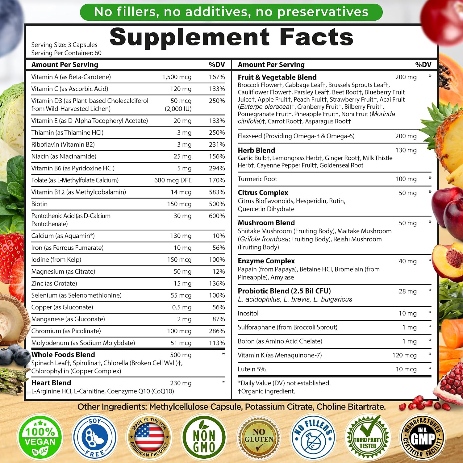 Vegan Wholefood Daily Multivitamin with Iron, Methylated Multivitamin for Women and Men, Made with Fruits & Vegetables, B-Complex, Probiotics, Enzymes, CoQ10, Omegas, Turmeric, Non-GM, 180 Count - görsel 6