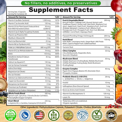 Vegan Wholefood Daily Multivitamin with Iron, Methylated Multivitamin for Women and Men, Made with Fruits & Vegetables, B-Complex, Probiotics, Enzymes, CoQ10, Omegas, Turmeric, Non-GM, 180 Count