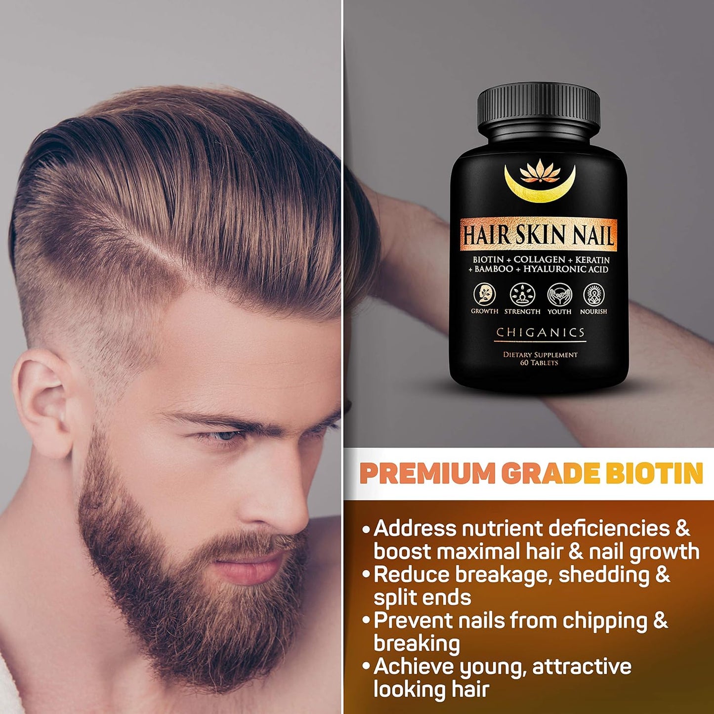 Chiganics Hair Skin and Nail Growth Vitamins with Keratin, Collagen & Silica - Extra Strength Biotin 5000mcg - görsel 4
