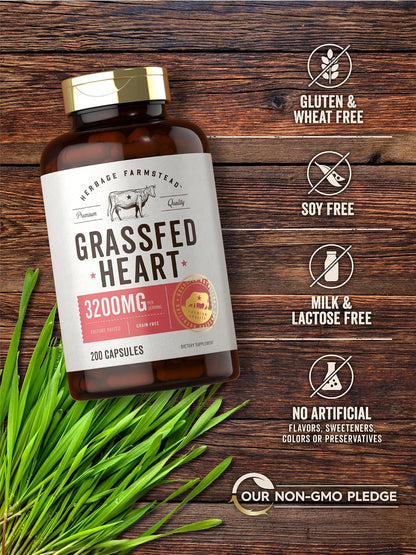 Carlyle Grass Fed Beef Heart Supplement - 3200mg - 200 Count - Desiccated Pasture Raised Bovine Capsules - Non-GM, Gluten free