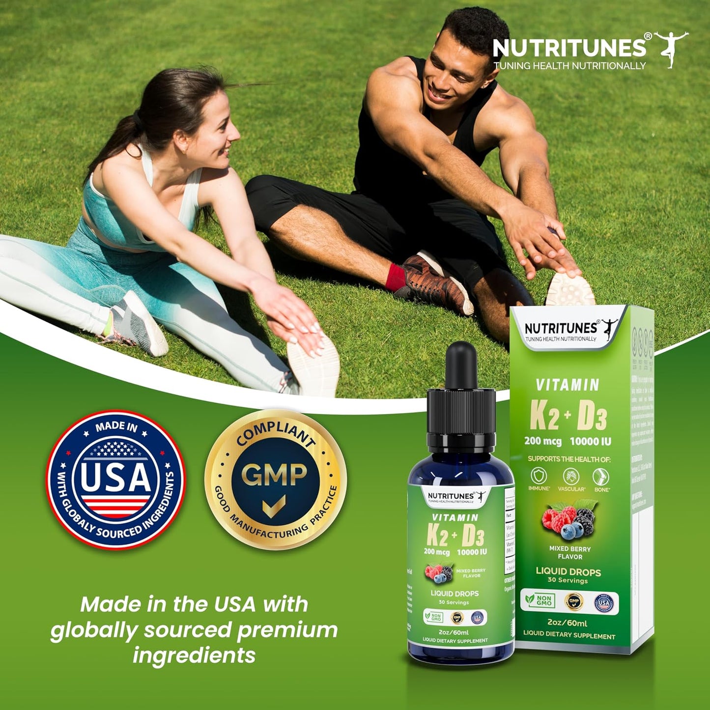 Nutritunes K2 D3 Liquid Drops - Vitamin D3 10,000 IU & Vitamin K2 200 mcg, Mixed Berry, 2 oz - görsel 6