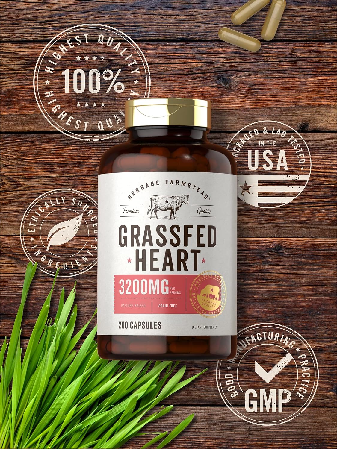 Carlyle Grass Fed Beef Heart Supplement - 3200mg - 200 Count - Desiccated Pasture Raised Bovine Capsules - Non-GM, Gluten free - görsel 5